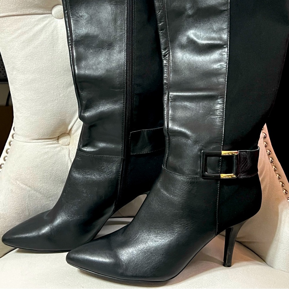 Tahari Kailee Black Leather Pointed Toe Side Zip Boots